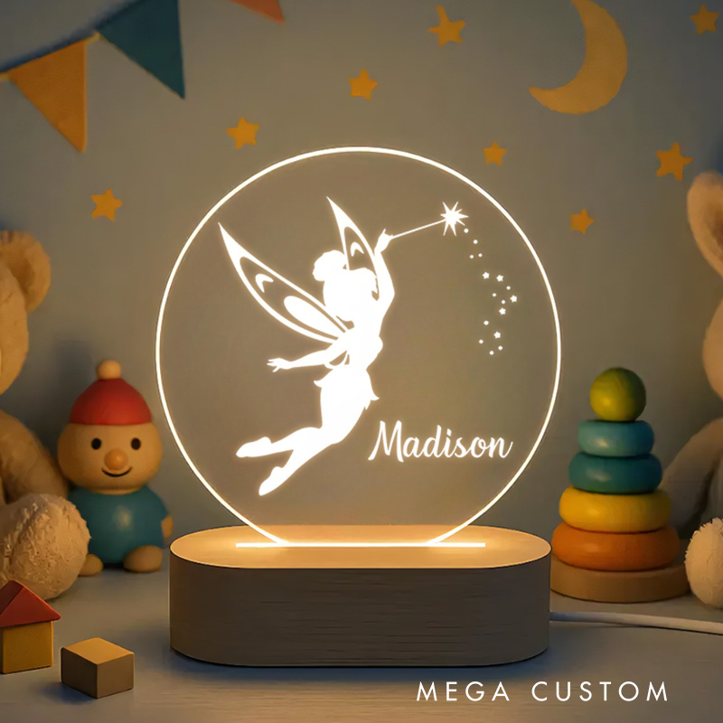 Personalized Fairy Illustration with Wand and Star Accents for a Magical and Dreamy Nursery Ambiance Night Lamp