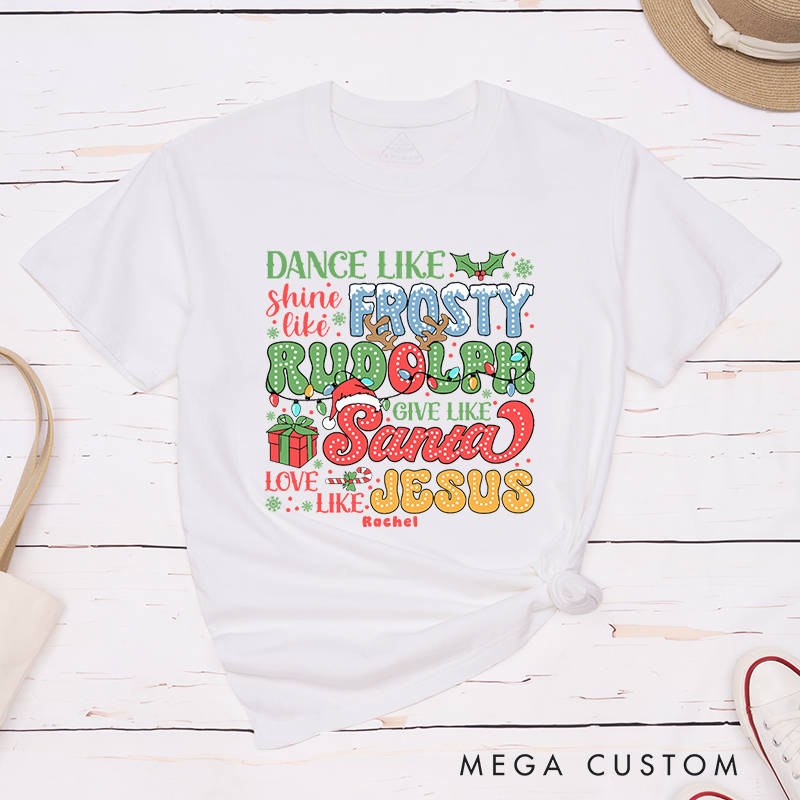 Personalized Frosty Rudolph Santa Jesus T-Shirt with Custom Name Christians Gift Birthday Gift Christian Apparel Gift for Jesus Lover 