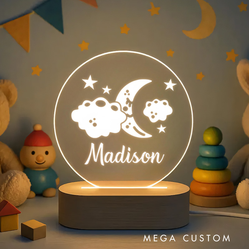Personalized Moon and Cloud Illustration with Star Accents for a Magical and Serene Nursery Glow Night Lamp