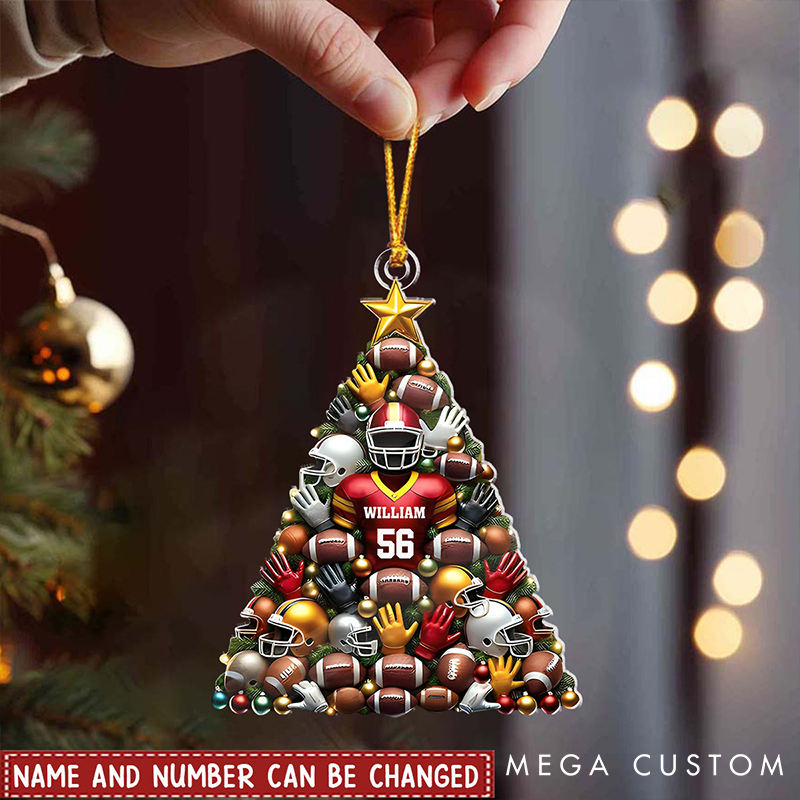 Personalized Football Themed Christmas Tree Ornament with Custom Name and Number Design