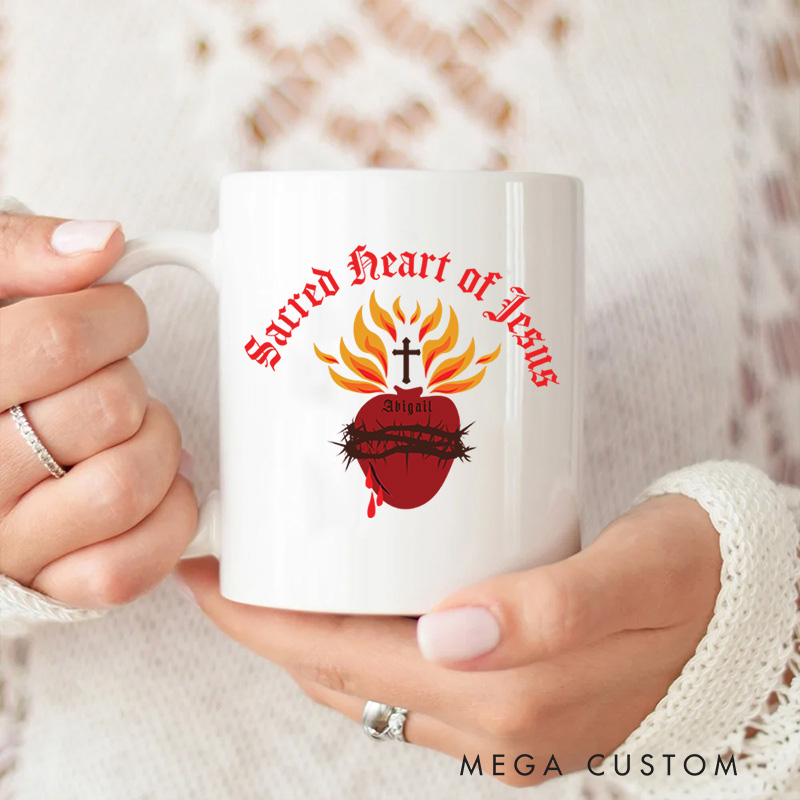 Personalized Sacred Heart of Jesus Ceramic Mug with Name Birthday Gift for Christian Positive Affirmation Religious Gift for Christian