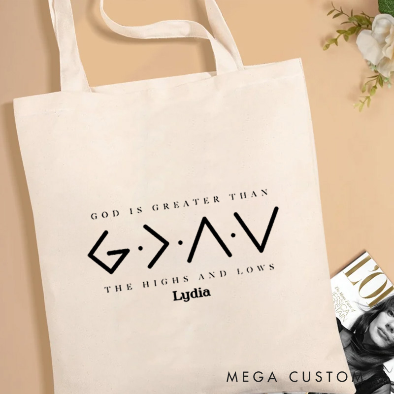 Personalized God Is Greater Than the Highs and Lows Canvas Tote Bag with Name Christian Bag Faith Based Tote Bag Birthday Gift for Women