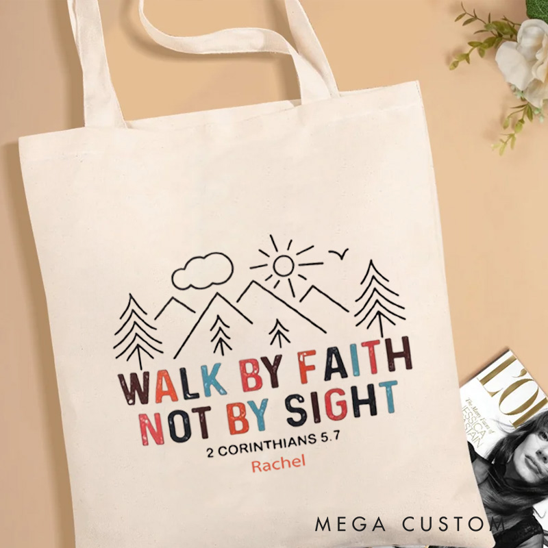 Personalized Walk by Faith Not by Sight Canvas Tote Bag Bible Verse Bag Boho Inspirational Tote Bag Gift of Faith Birthday Gift for Jesus Lover