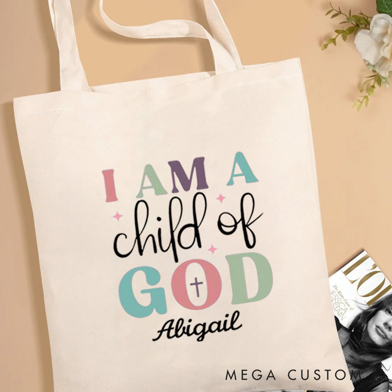 Personalized I Am A Child of God Canvas Tote Bag with Name Religious Tote Bag Birthday Gift for Christian Friends and Family