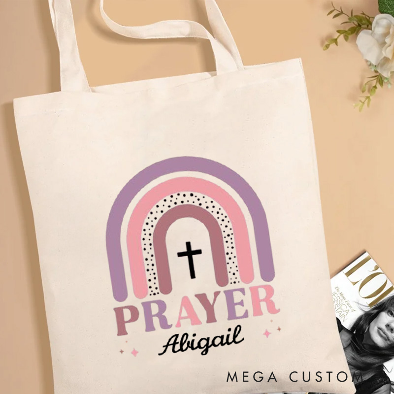 Personalized Prayer with Rainbow and Cross Canvas Tote Bag with Custom Name Religious Bag Birthday Gift for Christian Girls