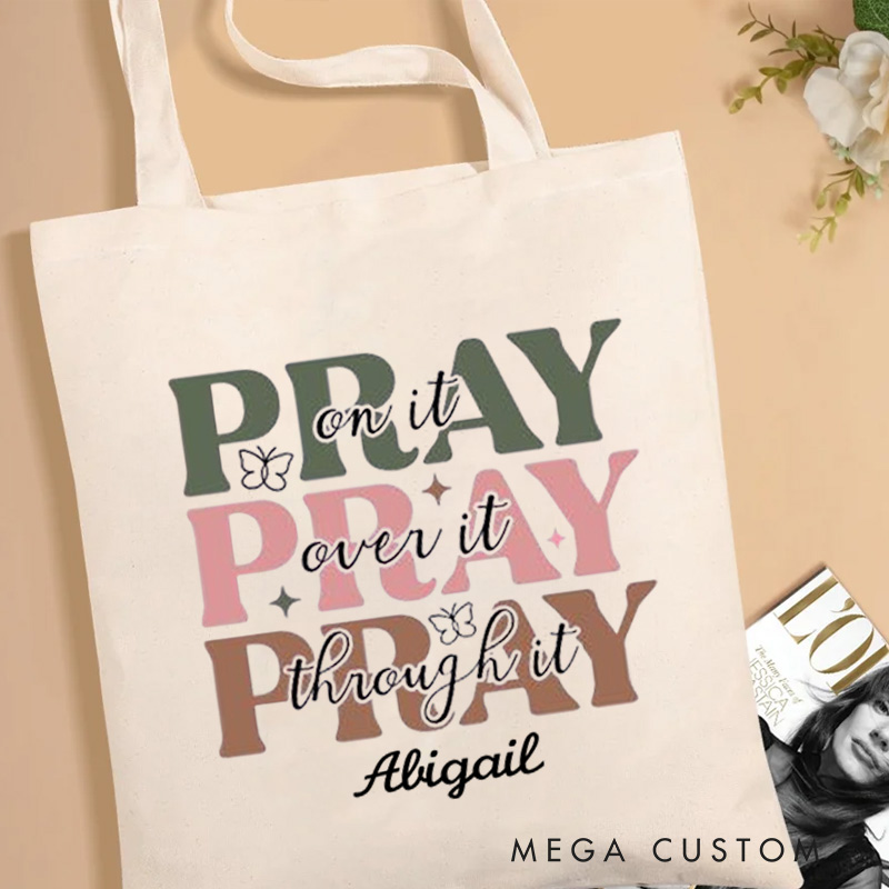 Personalized Pray on It with Butterflies Canvas Tote Bag with Name Christian Tote Bag Religious Gift for Girls