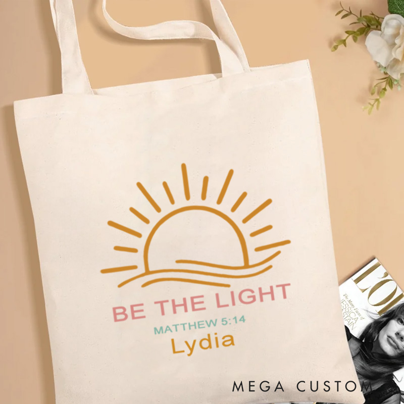 Personalized Be the Light Inspirational Canvas Tote Bag Matthew 5:14 Bag with Custom Name Religious Gift Perfect Gift for Christians