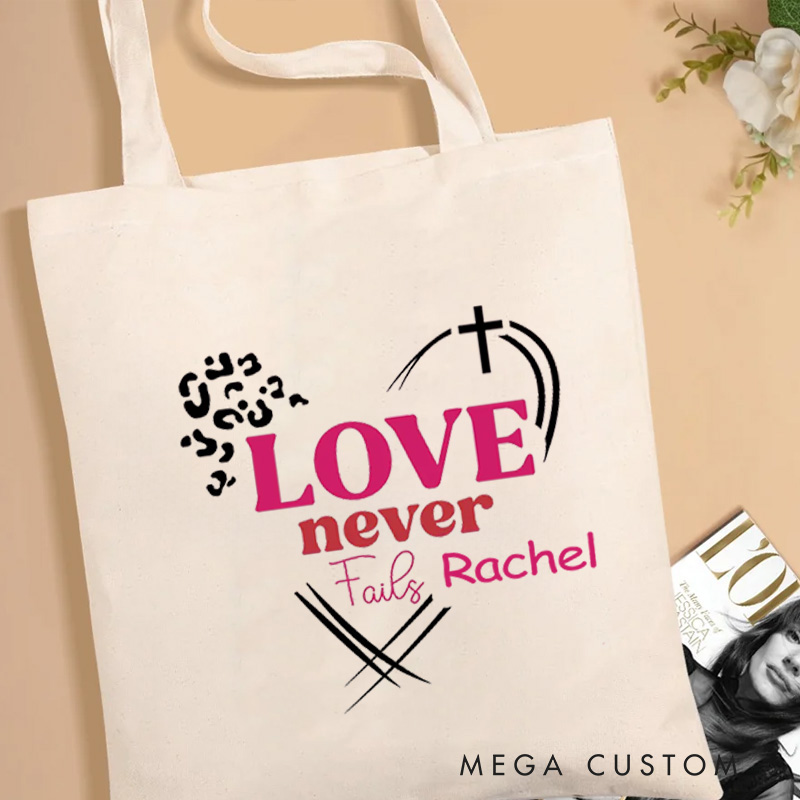 Personalized Love Never Fails Leopard Style Canvas Tote Bag Bible Verse Tote Bag with Custom Name Birthday Gift for Women
