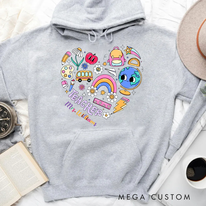 Personalized Hoodies for Teachers School Related Elements Arranged in a Heart shape Hoodies Appreciation Gift for Teachers