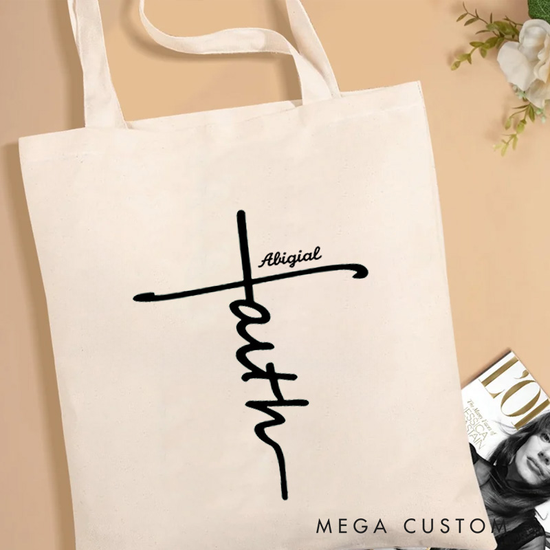 Personalized Faith Cross Canvas Tote Bag with Name Birthay Gift Religious Thoughtful Gift for Christians