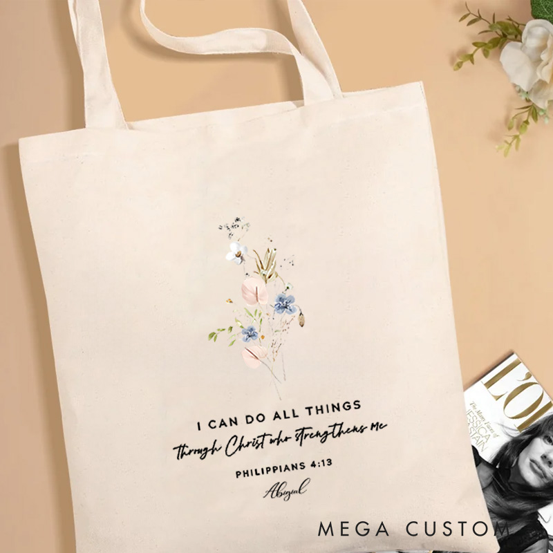 Personalized I Can Do All Things Canvas Tote Bag with Name Bible Verse Blessed Bag Religious Gift Birthday Gift for Girls and Women