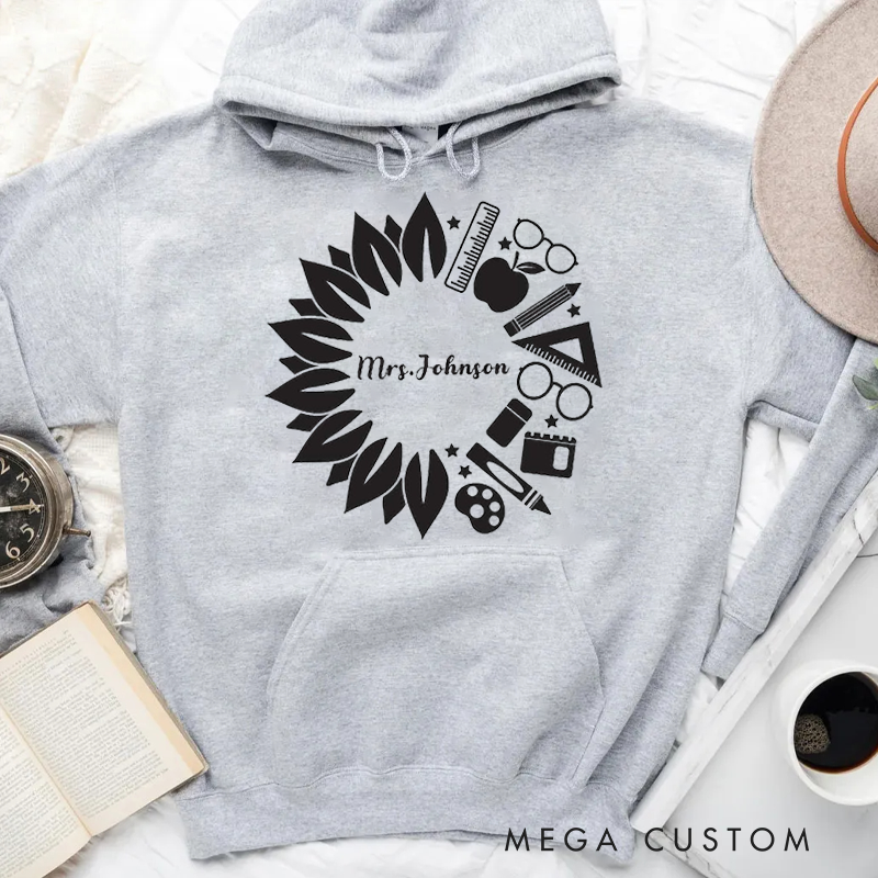 Personalized Hoodies for Teachers Sunflower Inspired Wreath Made up of School Themed Icons Hoodies Gift for Teachers