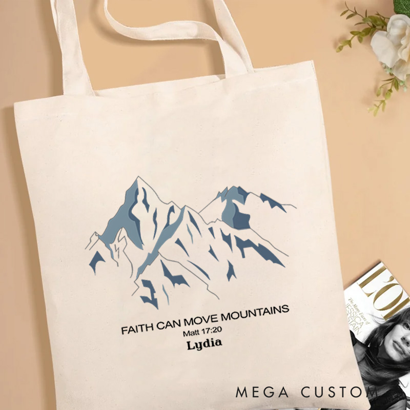 Personalized Faith Can Move Mountains Canvas Tote Bag with Custom Name Religious Tote Bag Birthday Gift for Christians