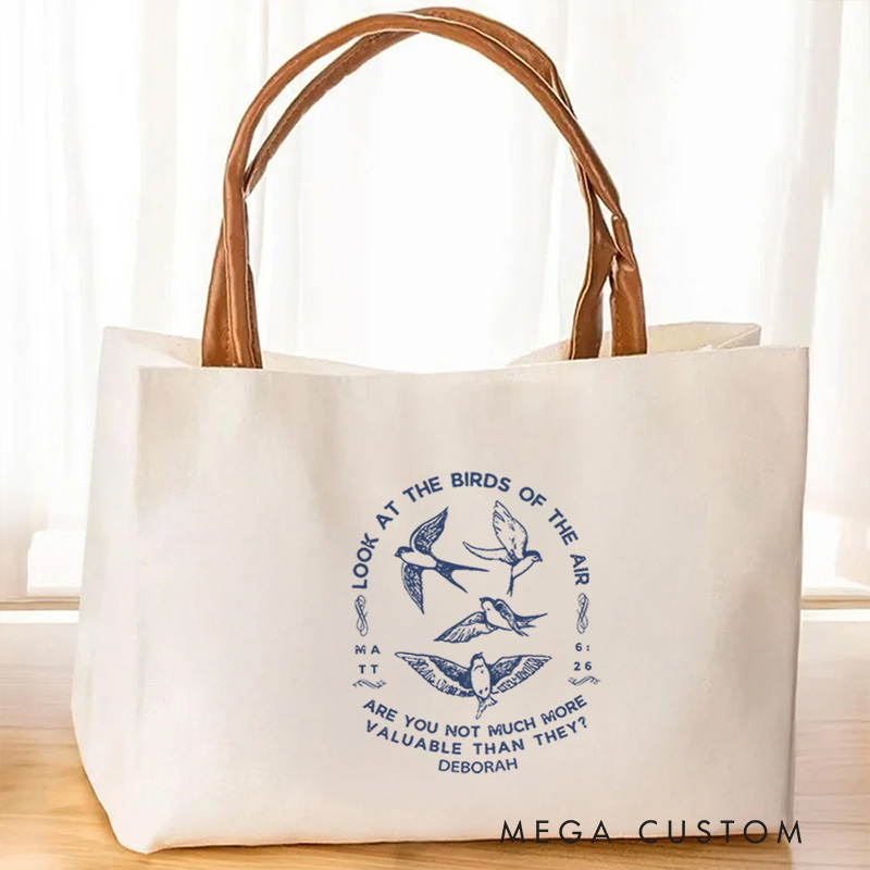 Personalized Matt 6:26 Bible Verse Canvas Tote Bag with Name and Leather Handle Travel Accessories Religious Ceremonies Gift for Women Christian