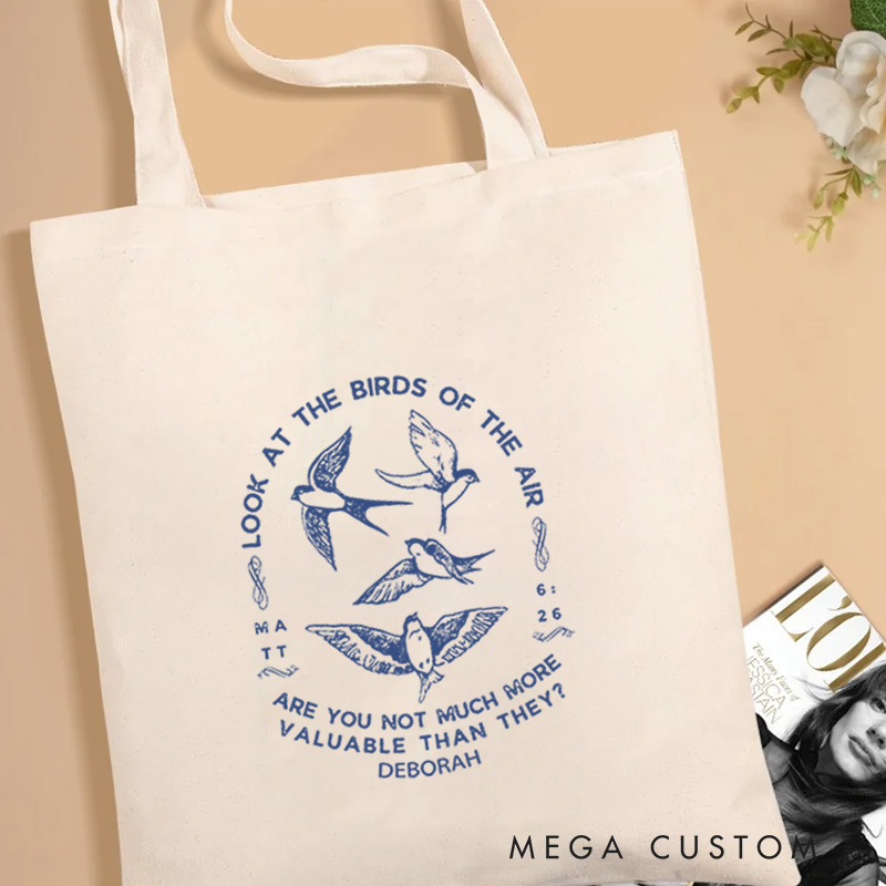 Personalized Matt 6:26 Bible Verse Canvas Tote Bag with Name Christmas Gift for Women Positive Affirmation Religious Gift for Christian