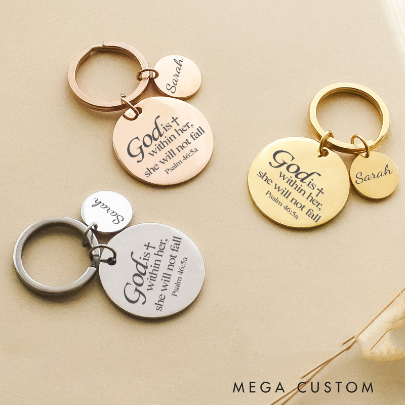 Personalized the Bible Verse Psalm 46:5 Keychain with Name Stainless Steel Religious Keychain Gift Birthday Easter Christmas Gift for Women and Girls