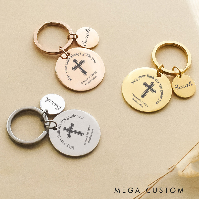 Personalized Cross and May Your Faith Always Guide You Keychain with Name and Date Religious Keychain Confirmation Gift for Kids