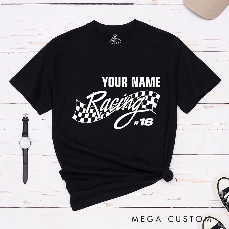 Personalized Racing T-Shirt with Dynamic Checkered Flag for Outdoor Adventures Riding Cycling Biking Enthusiasts