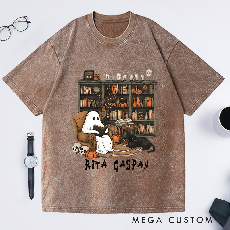 Personalized Ghost Book Reader Washed T-Shirts Reading Tee Book Lover Gift Reading Enthusiast Book Shirt Ghost Reader Tee Literature Lover