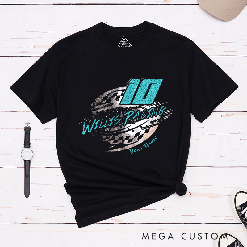 Personalized Custom Racing T-Shirt Eye-Catching Speed Graphic with Checkered Flag and Bold Colors for Outdoor Adventures Riding Cycling Biking Enthusiasts