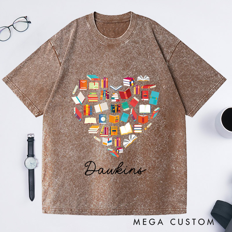 Personalized Book Love Washed T-Shirts Book Addict Clothing Book Heart Tee Reading Lover T-Shirt 