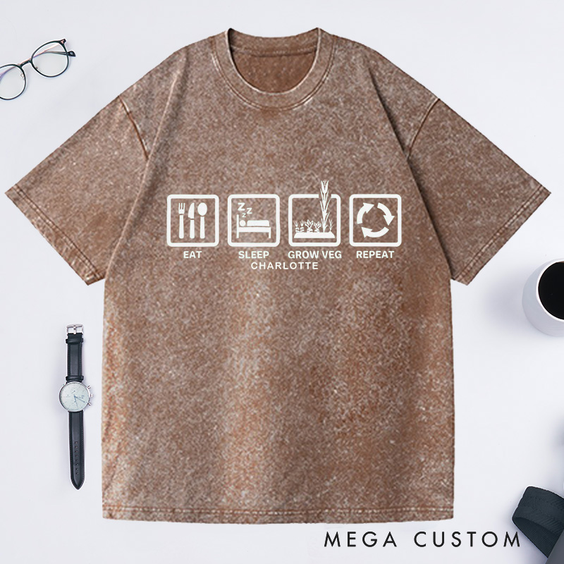 Personalized Eat Sleep Grow Veg Repeat  Washed T-Shirts Funny Garden Allotment Vegetable Garden Gift 