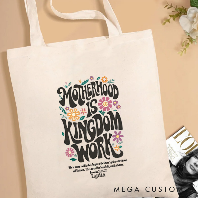 Personalized Motherhood Is Kingdom Work Bible Verse Canvas Tote Bag with Custom Name Christian Tote Bag Mother's Day Gift Birthday Gift for Women