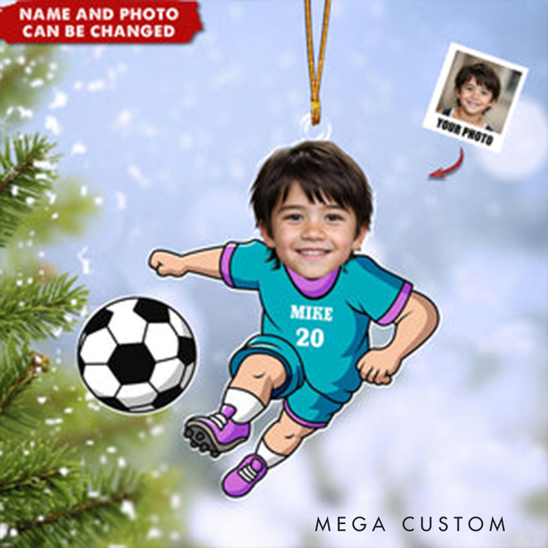 Personalized Soccer Player Ornament with Custom Name Number and Photo Design