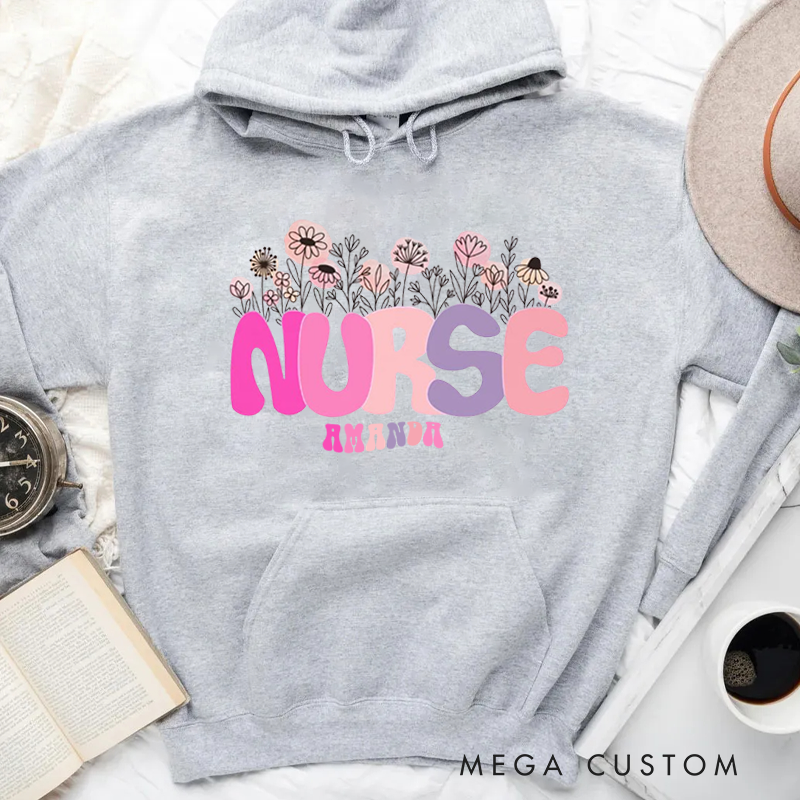 Personalized Hoodies for Nurse Nurse Arrangement of Hand Drawn Flowers Hoodies Appreciation Gift for Nurse