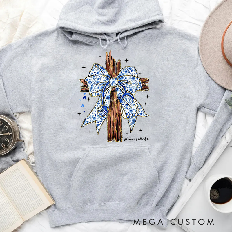 Personalized Hoodies for Nurse Wooden Cross Adorned with a Blue Ribbon Tied Hoodies Appreciation Gift for Nurse