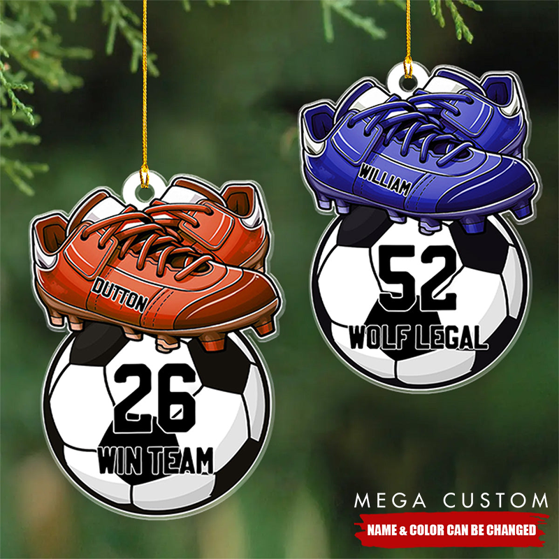 Personalized Soccer Ornament with Custom Name Number Color and Text Featuring Cleats and Ball Design