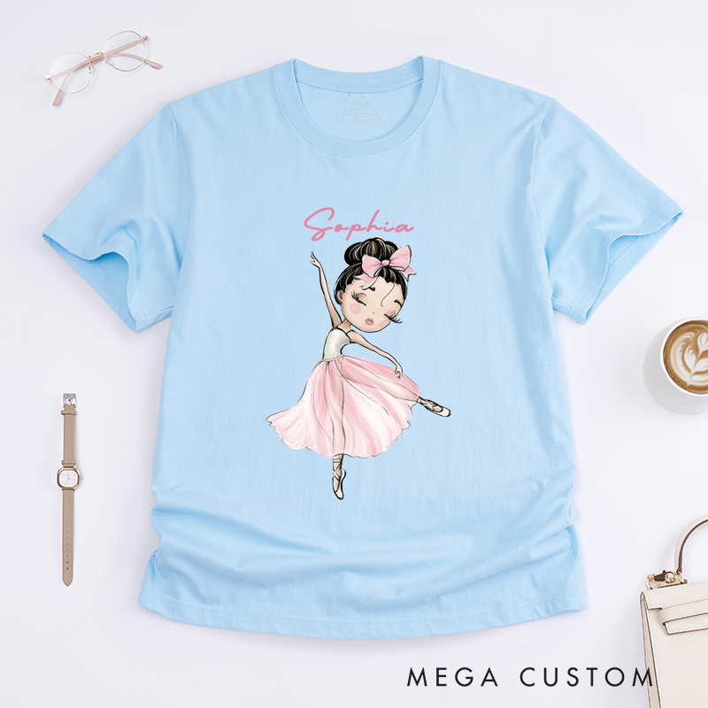 Personalized Ballerina Girl T-Shirt Custom Name Ballet Dance Gift Soft Cute Birthday Present for Daughter Little Girl Kids Ballet Lover