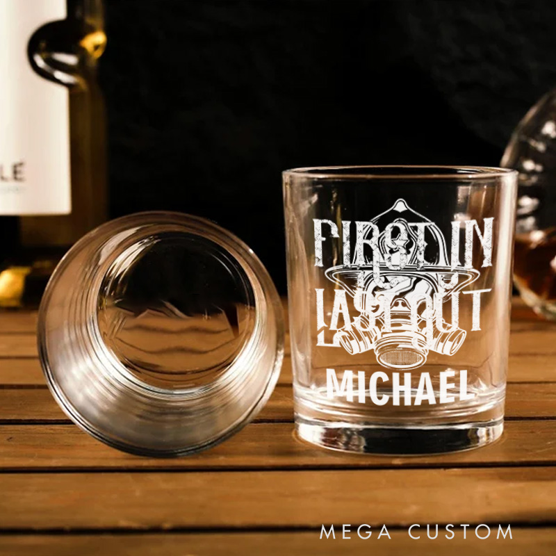 Personalized Firefighter Whiskey Glass Custom First In Last Out Design Whiskey Glass Engraved Glasses Gift Firefighter Retirement Gift