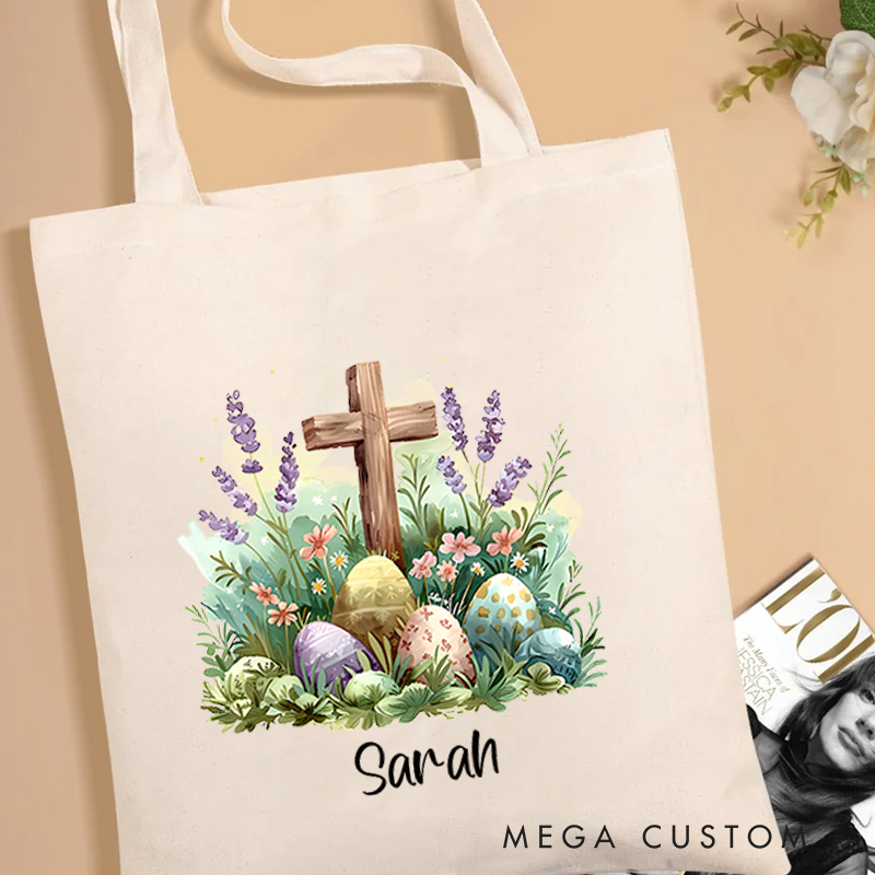Personalized Floral Cross Easter Eggs Reusable Canvas Bag with Name Birthday Easter Party Gift for Kids
