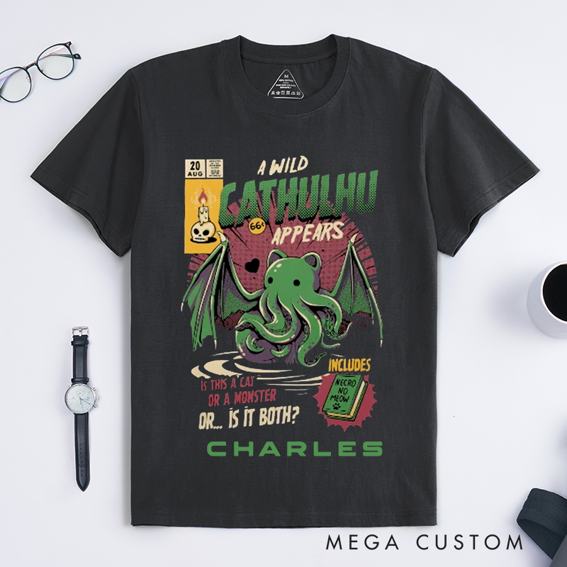 Personalized Cat Monster T-Shirt Classic Unisex Funny Catthulhu Graphic Tee Gift for Cat Lovers Custom Name Shirt Unique Cat Owner Present