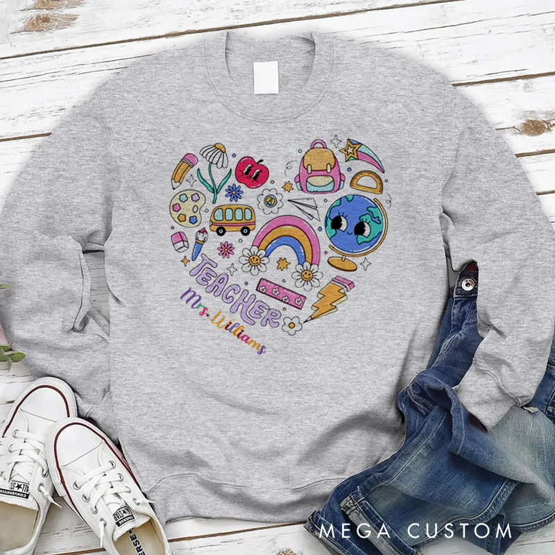Personalized Teacher Sweatshirt School Related Elements Arranged in a Heart shape Appreciation Gift for Teachers