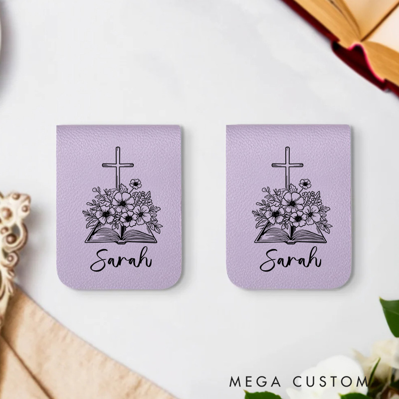 Personalized Bible Book Flower Cross Magnetic Leather Bookmark Clip with Name Birthday Christmas Gift for Christian Book Lovers