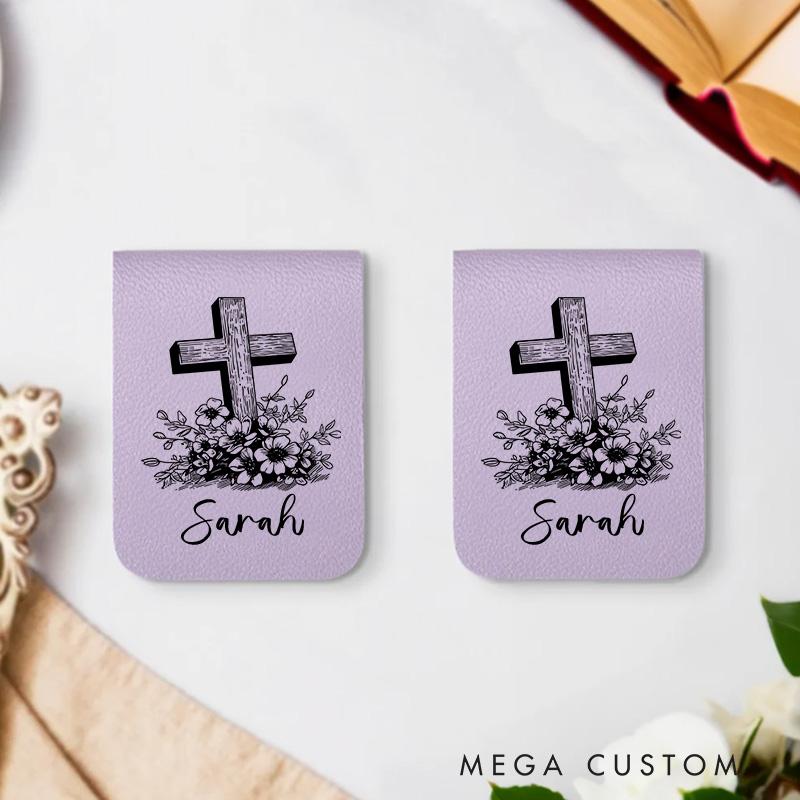 Personalized Flower Cross Magnetic Leather Bookmark Clip with Name Birthday Christmas Gift for Christian Book Lovers