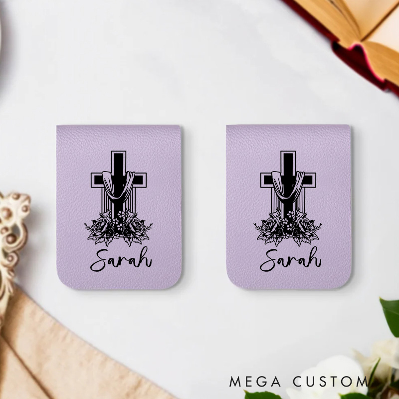 Personalized Flower Cross Ribbon Magnetic Leather Bookmark Clip with Name Birthday Christmas Gift for Christian Book Lovers