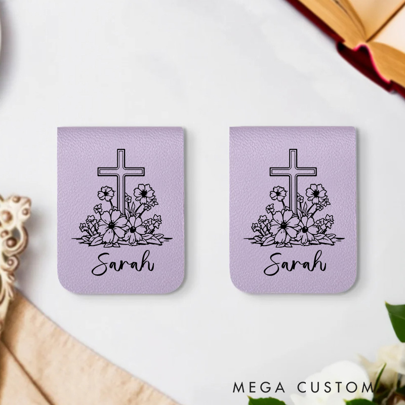 Personalized Devotion Flower Cross Magnetic Leather Bookmark Clip with Name Birthday Christmas Gift for Christian Book Lovers