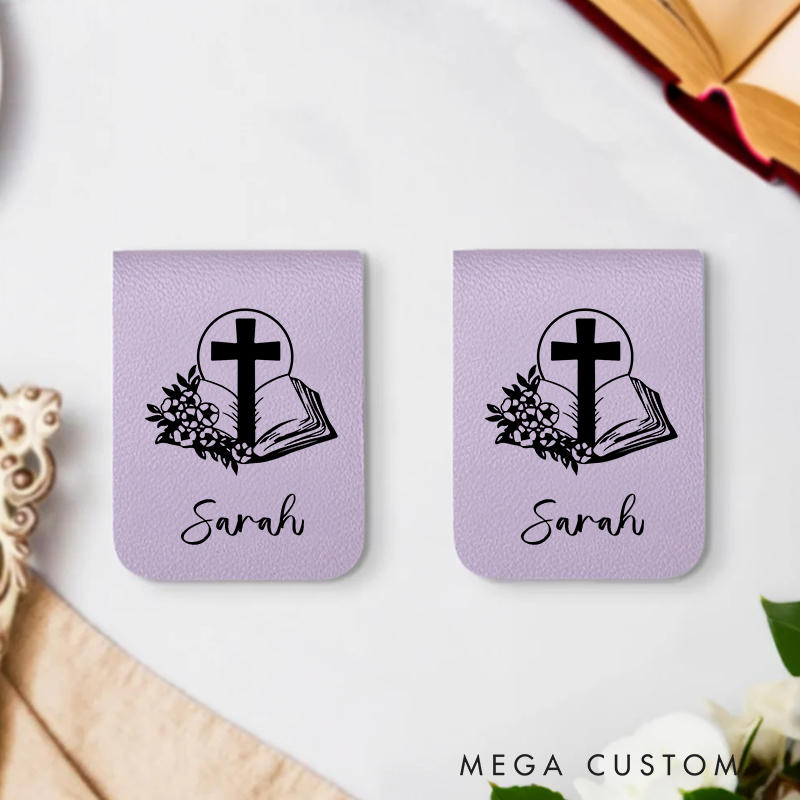 Personalized Spirituality Bible Book Flower Cross Magnetic Leather Bookmark Clip with Name Birthday Christmas Gift for Christian Book Lovers