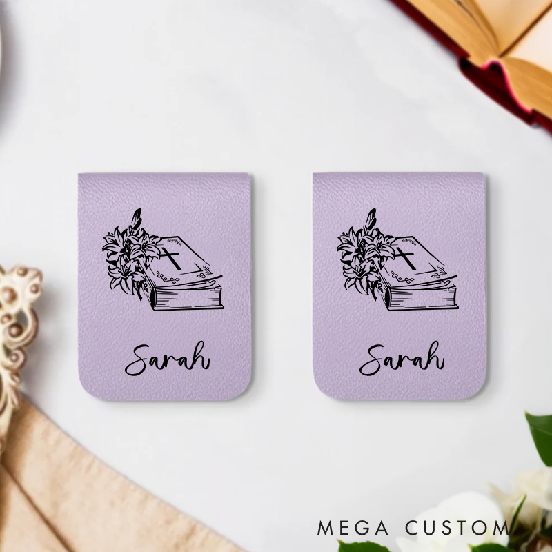 Personalized Faith Bible Book Flower Cross Magnetic Leather Bookmark Clip with Name Birthday Christmas Gift for Christian Book Lovers