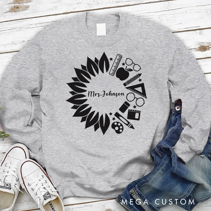 Personalized Hoodies for Teachers Sunflower Inspired Wreath Made up of School Themed Icons Hoodies Gift for Teachers