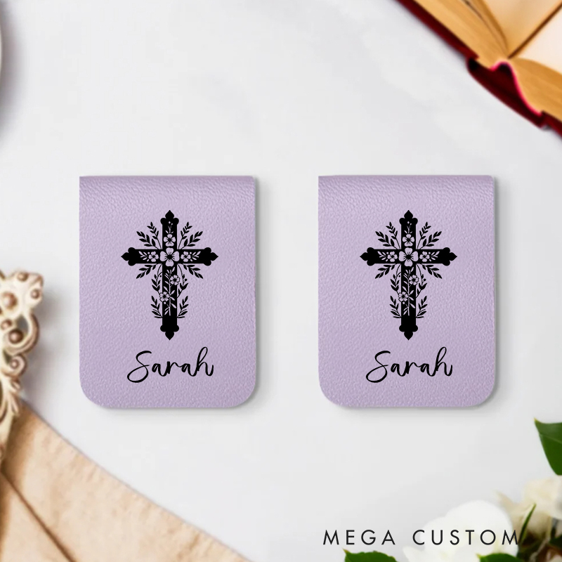 Personalized Intricacy Flower Cross Magnetic Leather Bookmark Clip with Name Birthday Christmas Gift for Christian Book Lovers