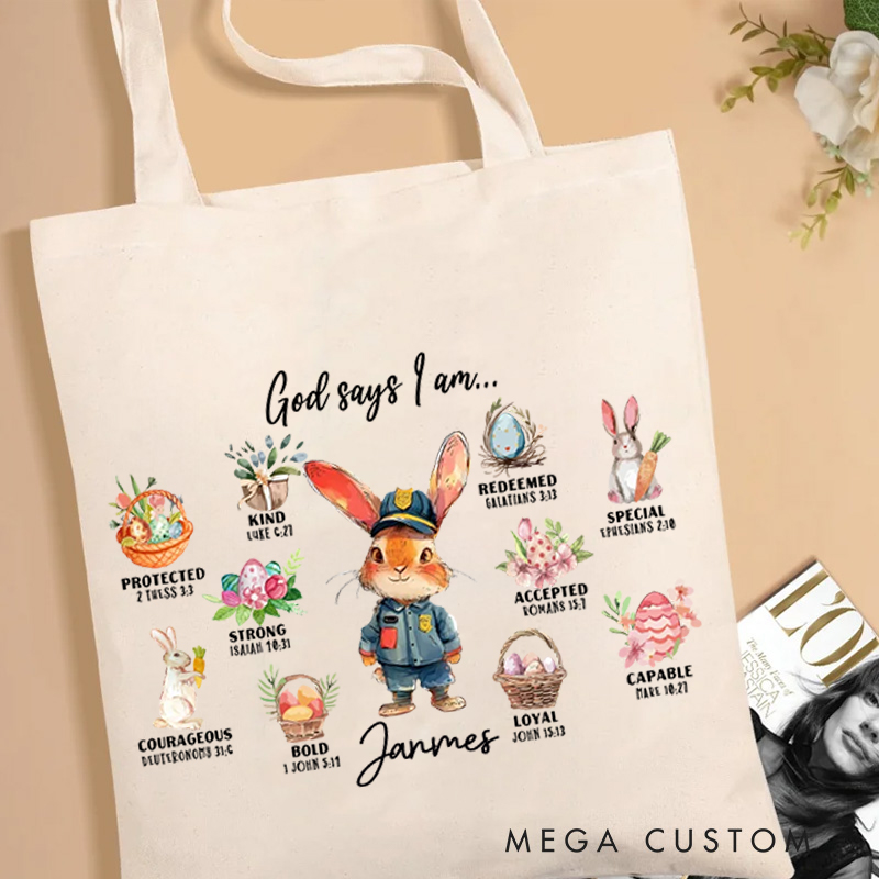 Personalized Rabbit Dream Job Cute Bunny God Said I Am Bible Tote Bag with Name and Canvas Pocket Easter Birthday Christian Gift for Kids