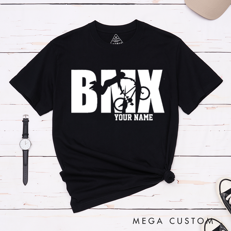 Personalized BMX T-Shirt with a Rider Performing an Awesome Stunt for Outdoor Adventures Riding Cycling Biking Enthusiasts