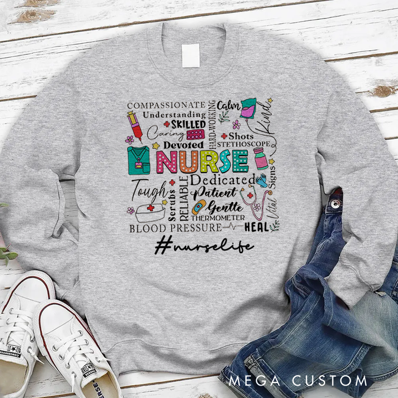 Personalized Nurse Sweatshirt Nursing Related Words and Illustrations Appreciation Gift for Nurse