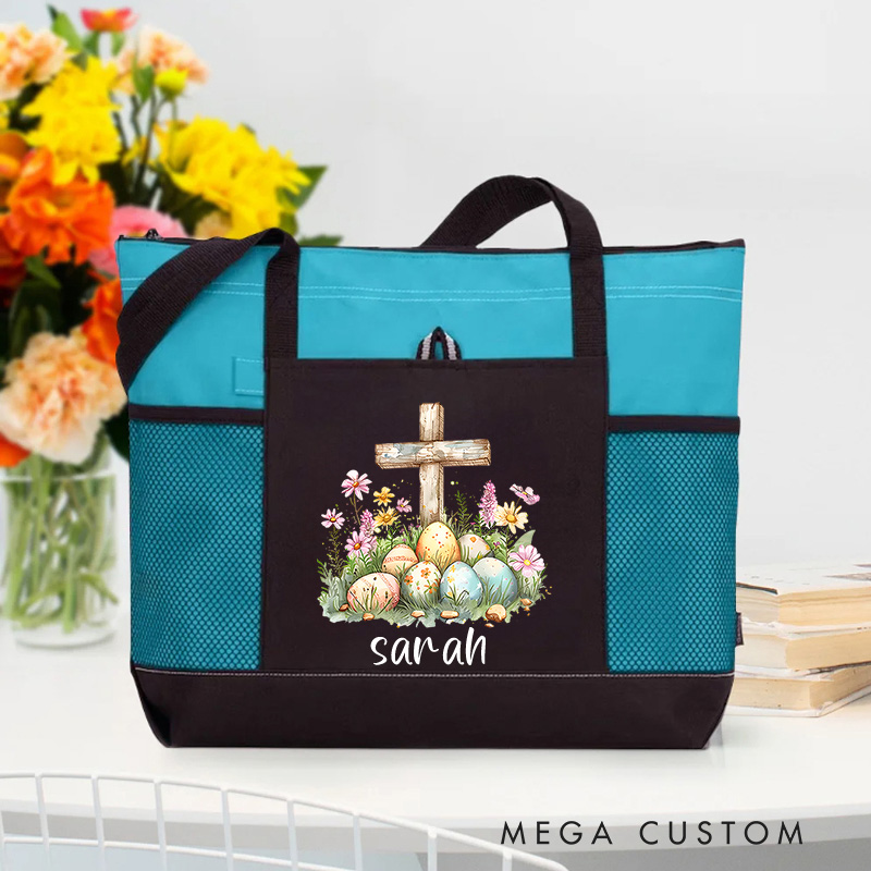 Personalized Easter Eggs Floral Cross Zipper Tote Bag with Name and Mesh Pocket Prayer Day Easter Storage Holiday Gift for Women Christian