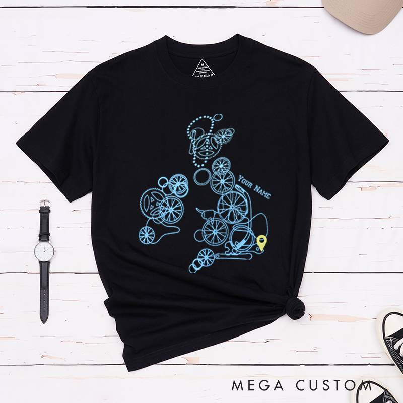 Personalized T-Shirt with Creative Bicycle Parts Design Forming a Map-Like Pattern for Outdoor Adventures Riding Cycling Biking Enthusiasts