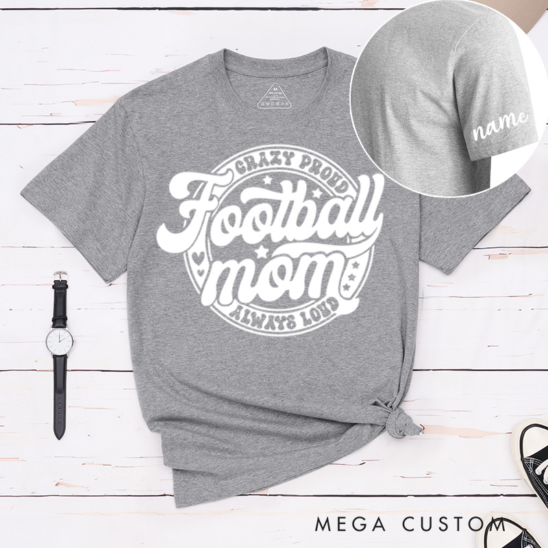Personalized American Football Mom T-Shirts Featuring Custom Name on the Sleeve
